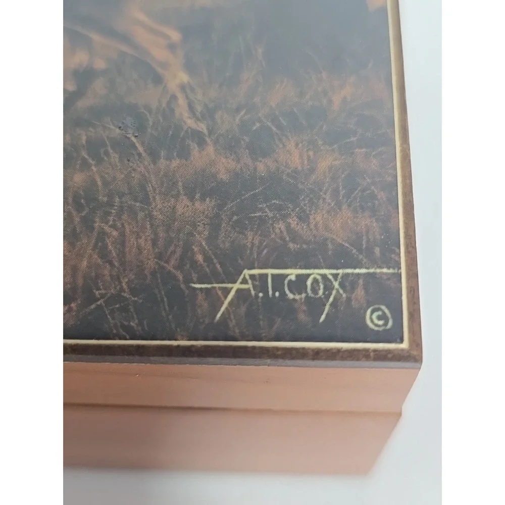 Vtg Deer Picture‎ Cedar Jewelry Box Mule Deer Picture Trinket A.T. Cox Hunter